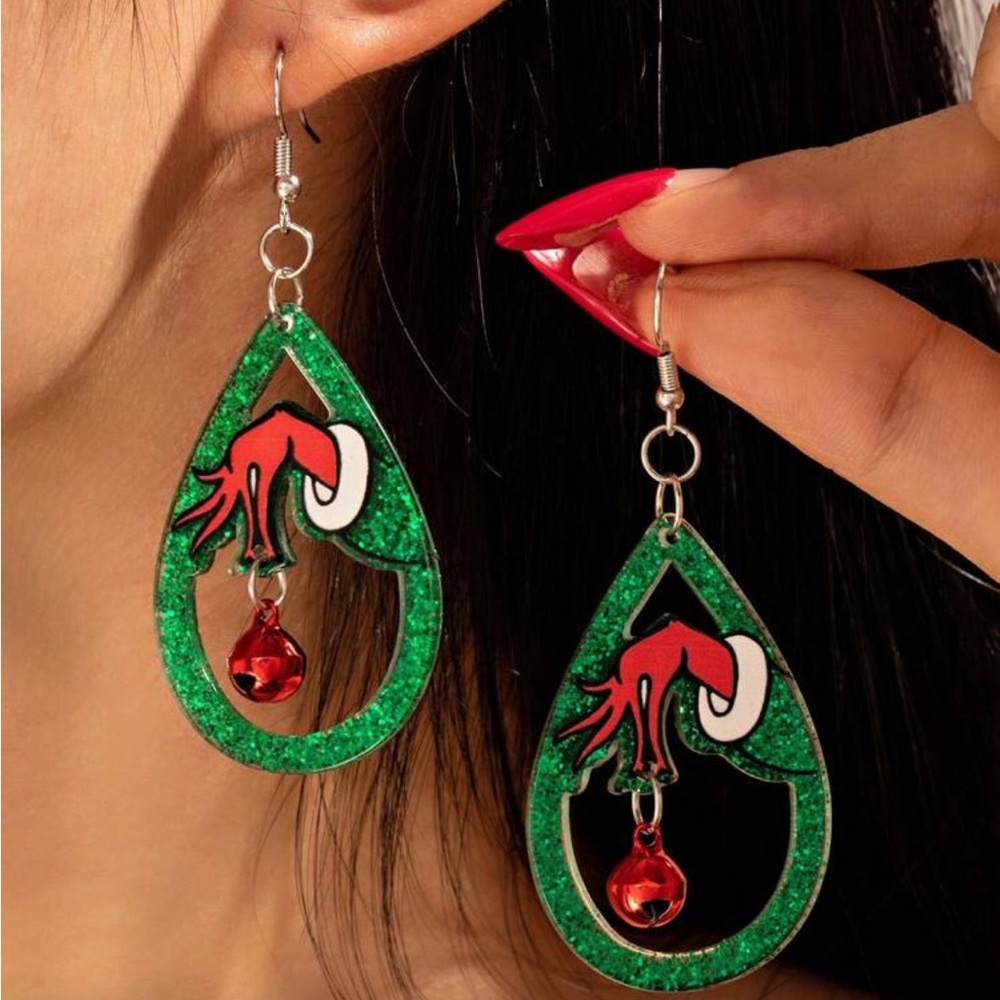 ****SOLD**** Grinch Green and Red Teardrop Earrings - Picture 4 of 5